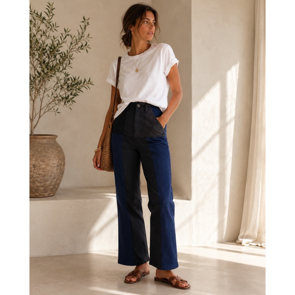Rachel Comey Colorblock Jeans Womens 2 Black Navy Blue Paneled Straight Leg High